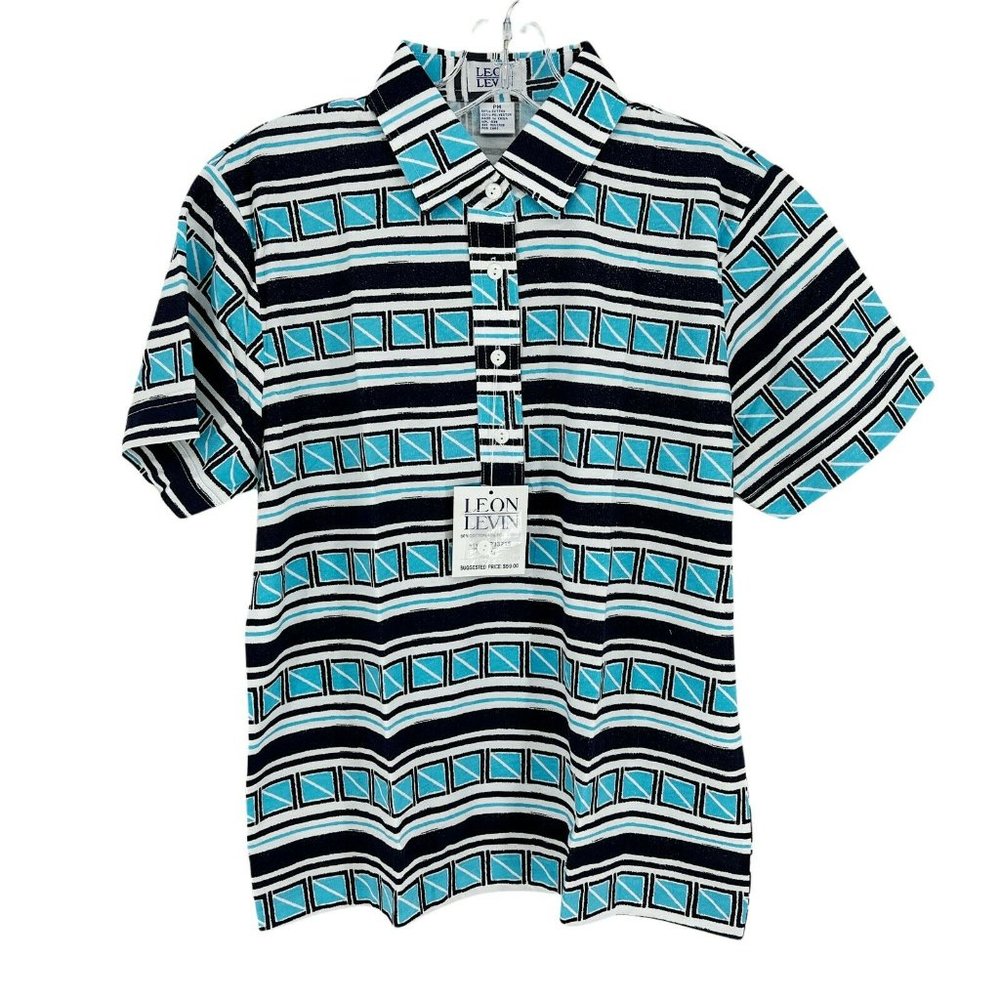 New Leon Levine Polo Shirt Women's PM Short Sleeve Blouse Blue Striped 3…